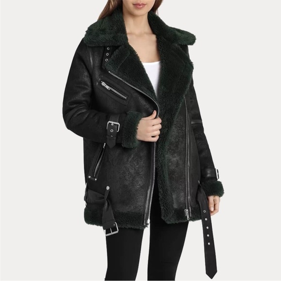 Avec Les Filles Green Faux Sherpa Biker Jacket - Picture 3 of 11